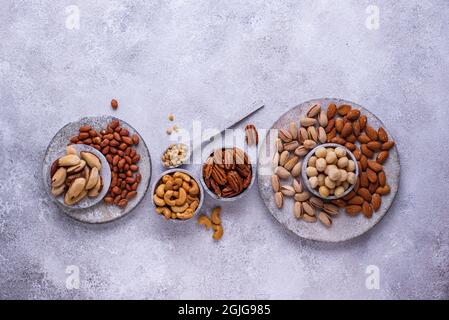 Almonds, pecan, macadamia, pistachio, and cashew Stock Photo