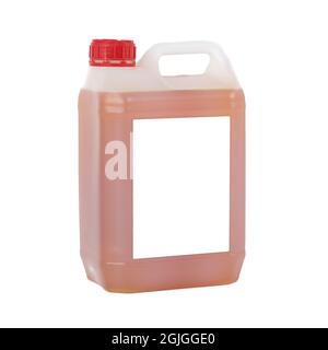 White drum with brown liquid and a red cap on a white background Stock Photo