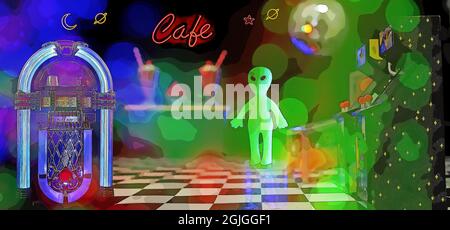 Alien Cafe Comic Book Style Illustration With Bright Colors Stock Photo