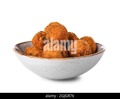 Bowl with tasty cod cutlets on white background Stock Photo