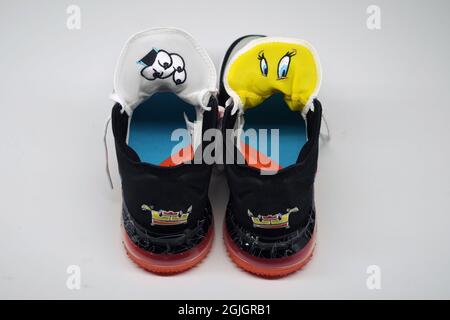 Detailed view of Nike LeBron 18 low limited edition Space Jam 2 edition shoes. Stock Photo