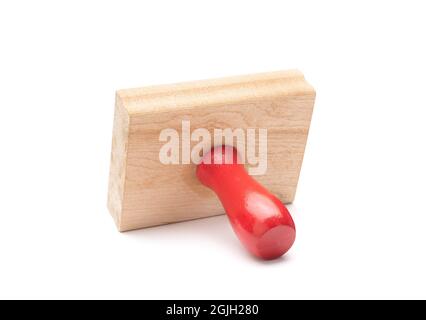 A wooden message stamp with red handle on a white background for use with most communication inferences. Stock Photo