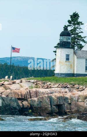 Gulf of Maine, USA.  Winter Harbor lighthouse and National Wildlife Refuge, on Mark Island Stock Photo