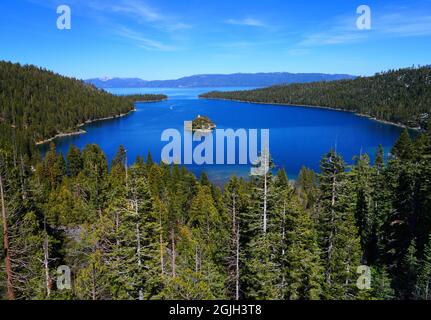 Landscape view of Fannette Island in Emerald Bay, South Lake Tahoe, California Stock Photo