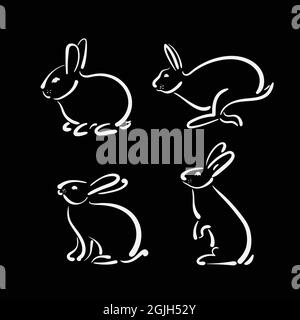 Vector group of hand drawn rabbit on black background. Wild Animals. Easy editable layered vector illustration. Stock Vector