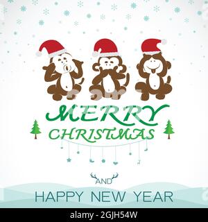 Vector image of christmas greeting card. Monkeys and santa hat. Merry Christmas lettering. Easy editable layered vector illustration. Stock Vector