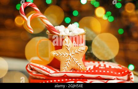Cozy winter morning at home. Xmas decorations. Christmas hot drink Stock Photo