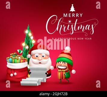 Christmas characters greeting vector design. Merry christmas text with cute santa claus and elf character reading letter and holding gifts for xmas. Stock Vector