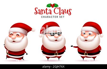 Santa claus christmas character vector set. Santa claus in 3d happy characters with running, standing and wearing pixel sunglasses gesture for xmas. Stock Vector