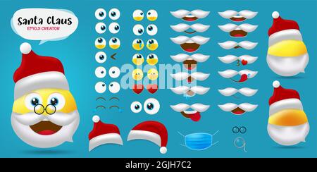 Santa claus emoji christmas vector creator set. Santa claus smileys character editable kit of face, mouth and eyes in different facial expression. Stock Vector