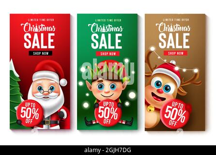 Christmas sale vector poster set. Christmas sale with up to 50% off limited time offer text with santa claus, elf and reindeer characters for xmas. Stock Vector