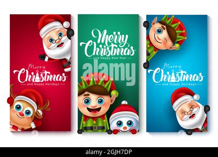 Christmas character vector poster set. Merry christmas text with santa claus, reindeer, elf and snow man characters for xmas card holiday design. Stock Vector
