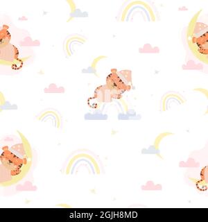 Seamless pattern. A cute sleeping tiger animal in a cap and under a blanket sleeps on a rainbow. White background with clouds and moon. Vector illustr Stock Vector