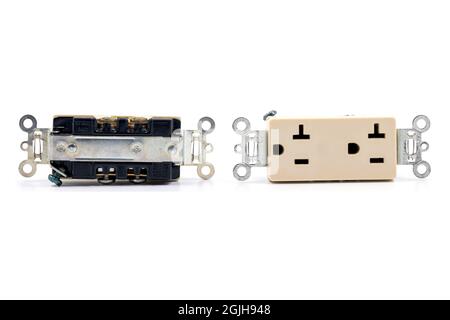Group of AC power plug socket isolated on white background. Stock Photo