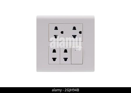 White color wall outlet AC power plug socket with On Off switch isolated on white background. Stock Photo