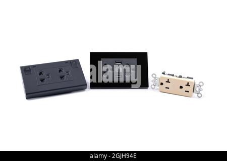 Group of AC power plug socket isolated on white background. Stock Photo