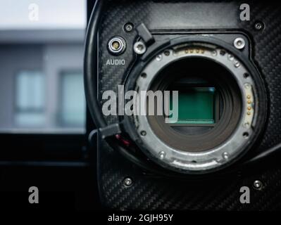 Close-up of the sensor glass of a full frame 4K film camera. Stock Photo