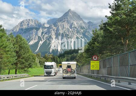 Holiday traffic in the Alps mountains, Tirol, Austria Stock Photo