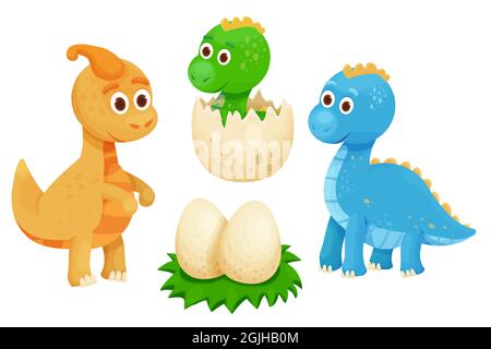 Set cute dinosaurs with dino nest and eggs in cartoon style. Jurassic monsters, smiling characters. Childish clip art. Vector illustration Stock Vector