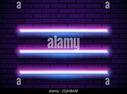 Neon frame with shelves on the blue brick wall. Classic round 80s styled purple shiny glowing neon sign. Stock Vector