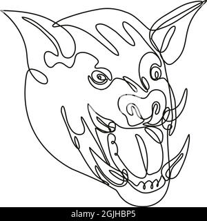 Continuous line drawing illustration of an angry wild boar head front view done in mono line or doodle style in black and white on isolated background Stock Vector