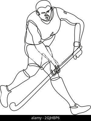 Continuous line drawing illustration of a field hockey running with hockey stick done in mono line or doodle style in black and white on isolated back Stock Vector