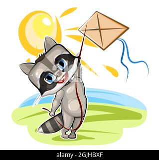 A little Raccoon flying a kite. Favorite childhood game. Cartoon style Young. Vector isolated on white background. A cute baby. Stock Vector