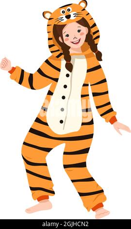 A girl in a carnival costume of a tiger. Children pajama party. Kid wearing jumpsuits or kigurumi, festive clothing for new year, Christmas or holiday Stock Vector