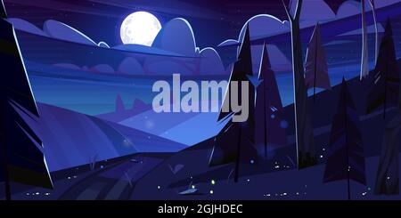 Night landscape, cartoon nature background with field, dirt path and conifers trees under dark starry sky with full moon and clouds. Spruces with glowing fireflies scenery wood, vector illustration Stock Vector
