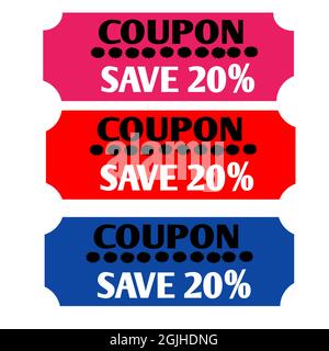Coupon save 20 percent set of stickers label various color web icon of brand and product promotion flate Stock Photo