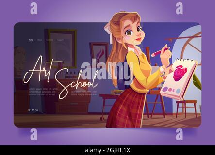 Artist girl paint flowers in art school cartoon landing page. Young woman painter holding pencil and sketchbook practicing drawing of rose blossom sketch. Workshop studio class, Vector web banner Stock Vector