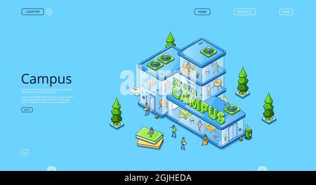 Green campus isometric landing page, people work and study in modern glass building, university, coworking office, creative workplace for students or business employees, 3d Vector line art web banner Stock Vector