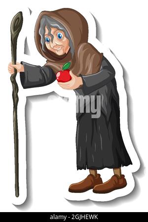 Old witch holding staff and apple cartoon character sticker illustration Stock Vector