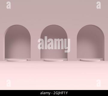 Scene with minimal background, arch with a podium, 3d rendering Stock Photo