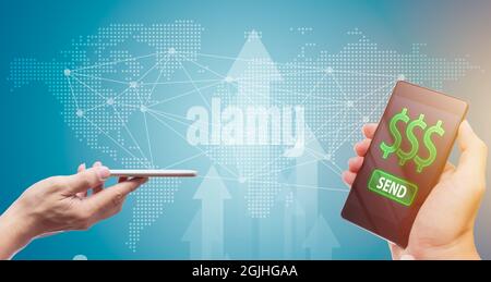 Worldwide international money transfer from internet blockchain or DeFi technology with mobile banking to smartphone concept. Stock Photo