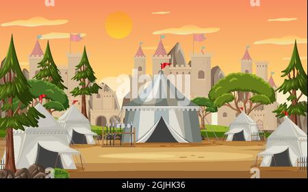 Military medieval camp with tents and castle illustration Stock Vector ...