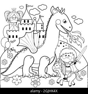 A handsome prince fighting a fire breathing dragon and saving the beautiful princess at the tower. Black and white coloring book page Stock Photo