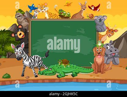 Empty blackboard with various wild animals in the forest illustration ...