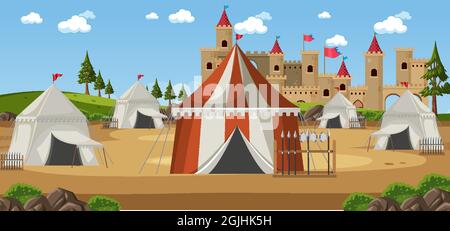 Military medieval camp with tents and weapons illustration Stock Vector ...