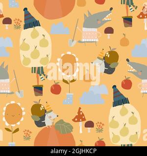 Seamless Pattern with Funny Animals and Autumn Elements Stock Vector