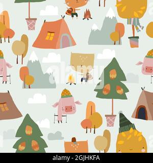 Seamless Pattern with Funny Animals and Autumn Elements Stock Vector