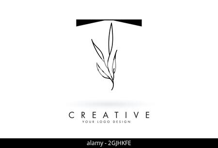 T letter logo design with elegant and slim leaves vector illustration. Creative icon with letter T. Stock Vector