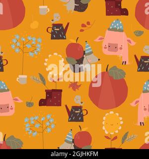 Seamless Pattern with Funny Animals and Autumn Elements Stock Vector