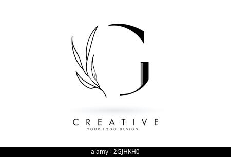 G letter logo design with elegant and slim leaves vector illustration. Creative icon with letter G. Stock Vector