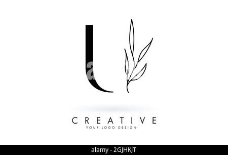 U letter logo design with elegant and slim leaves vector illustration. Creative icon with letter U. Stock Vector
