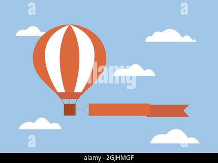 Flat design illustration of flying hot air balloon with ribbon or banner for advertising text. Blue sky and clouds background - vector Stock Vector