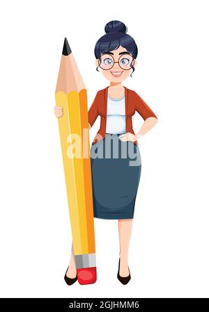 Happy Techer day. Cute female teacher cartoon character standing near big pencil. Stock vector illustration. Stock Vector