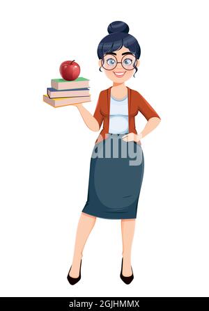 Happy Techer day. Cute female teacher cartoon character holding a heap of books with apple on top. Stock vector illustration. Stock Vector