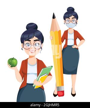 Happy Techer day. Cute female teacher cartoon character, set of two poses. Stock vector illustration isolated on white background Stock Vector
