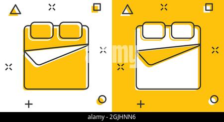 Bed icon in comic style. Bedroom cartoon sign vector illustration on white isolated background. Bedstead splash effect business concept. Stock Vector
